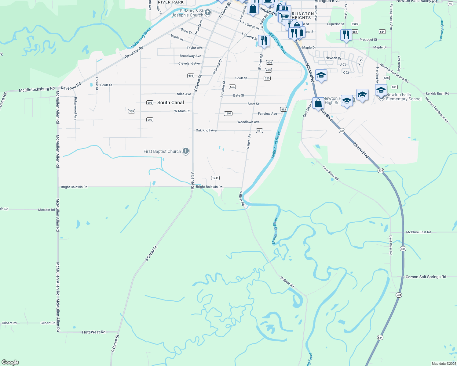 map of restaurants, bars, coffee shops, grocery stores, and more near 5018 Bright Baldwin Road in Newton Falls