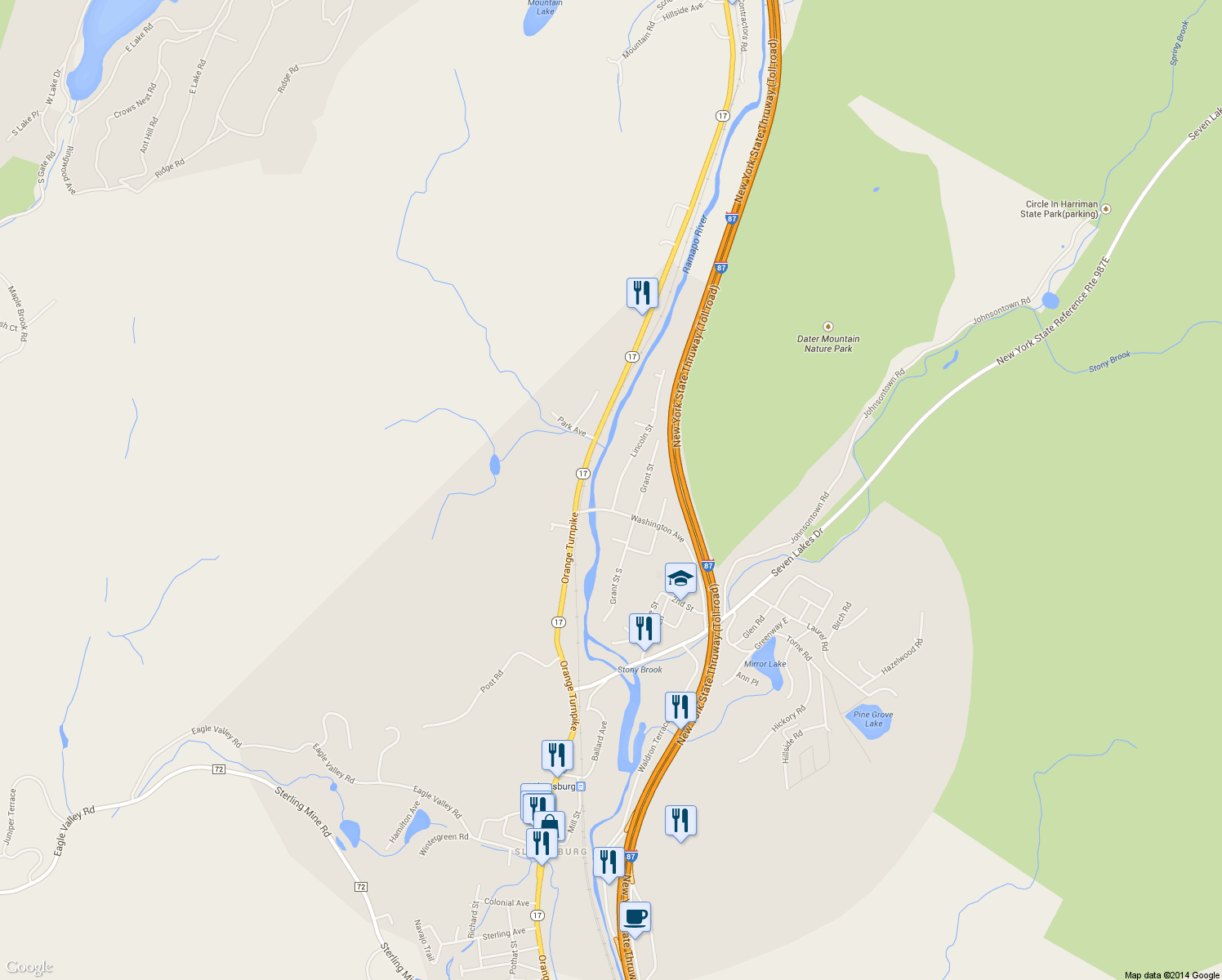 map of restaurants, bars, coffee shops, grocery stores, and more near 9 Lincoln Street in Sloatsburg