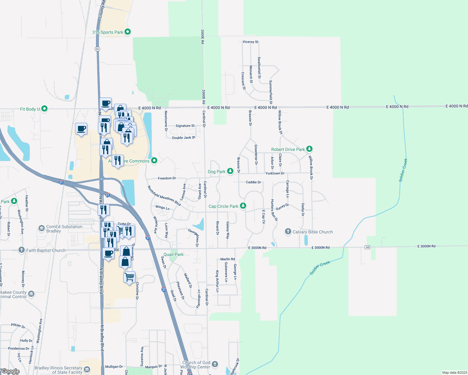 map of restaurants, bars, coffee shops, grocery stores, and more near 1557 Brassie Drive in Bourbonnais