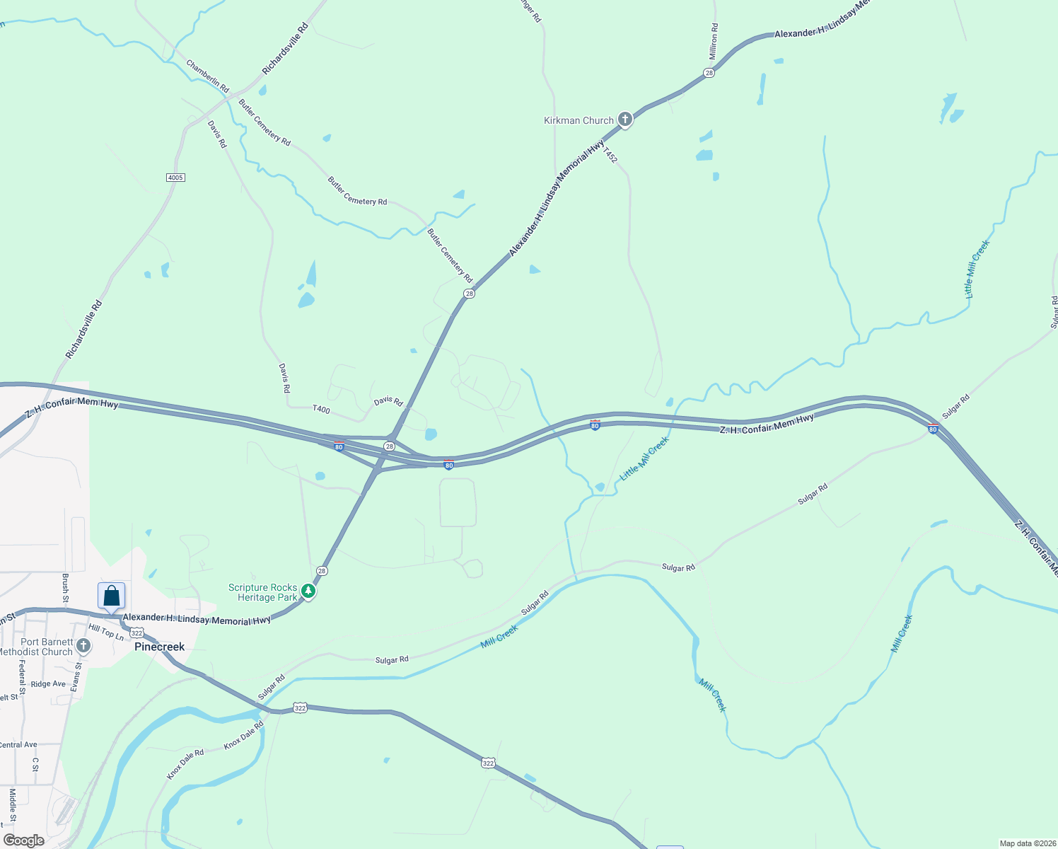 map of restaurants, bars, coffee shops, grocery stores, and more near Z. H. Confair Memorial Highway in Brookville