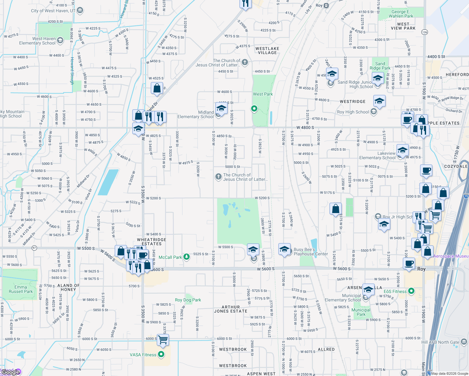 map of restaurants, bars, coffee shops, grocery stores, and more near 5141 S 2975 W in Roy