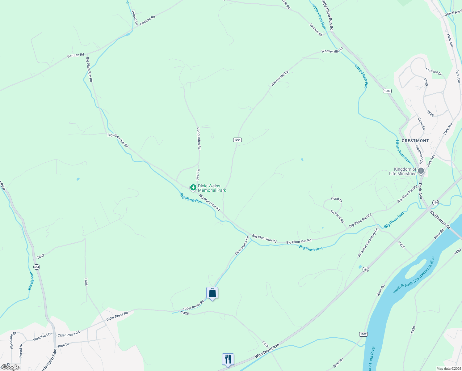 map of restaurants, bars, coffee shops, grocery stores, and more near 136 Weaver Hill Road in Lock Haven