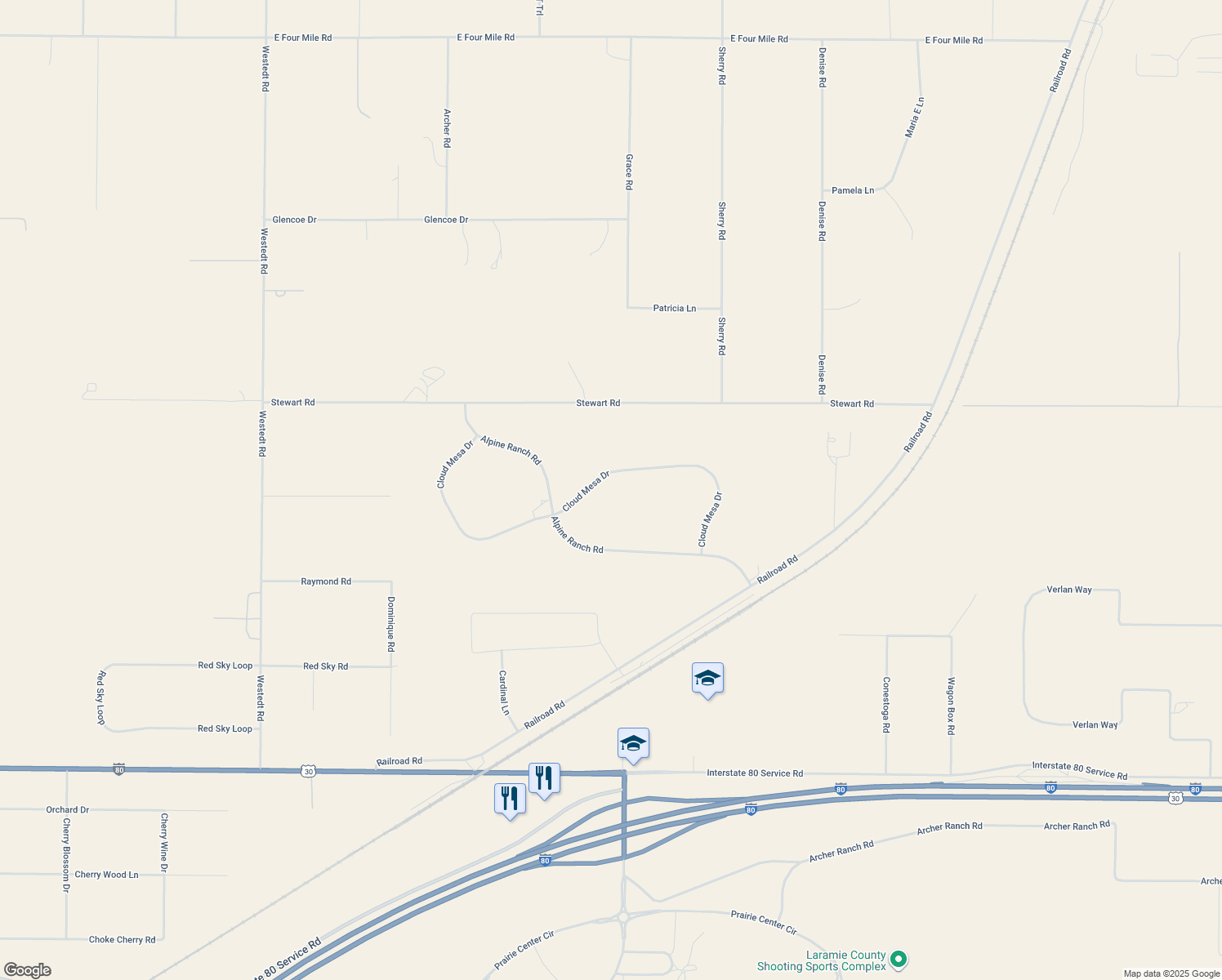 map of restaurants, bars, coffee shops, grocery stores, and more near 13091 Cloud Mesa Drive in Cheyenne