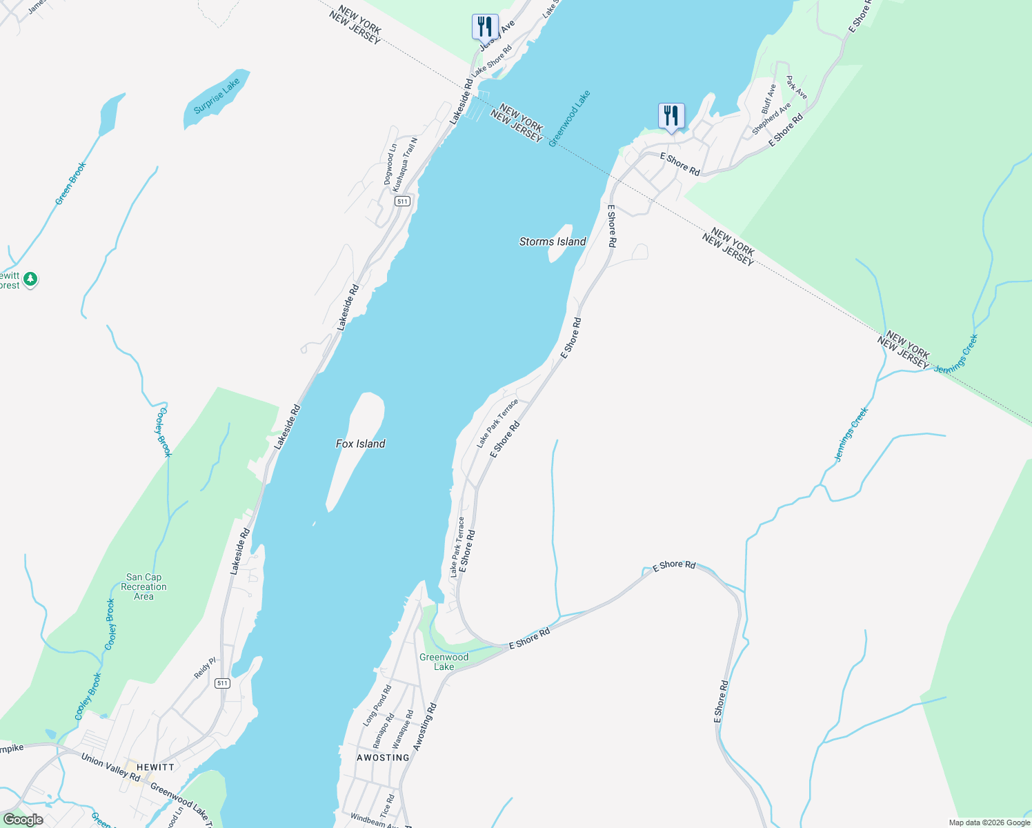 map of restaurants, bars, coffee shops, grocery stores, and more near 695 East Shore Road in West Milford