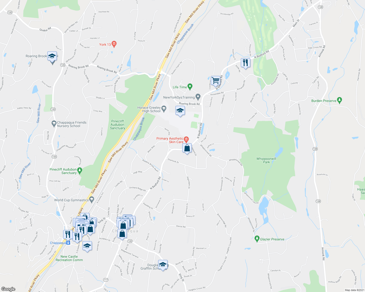 map of restaurants, bars, coffee shops, grocery stores, and more near 406 Bedford Road in Chappaqua