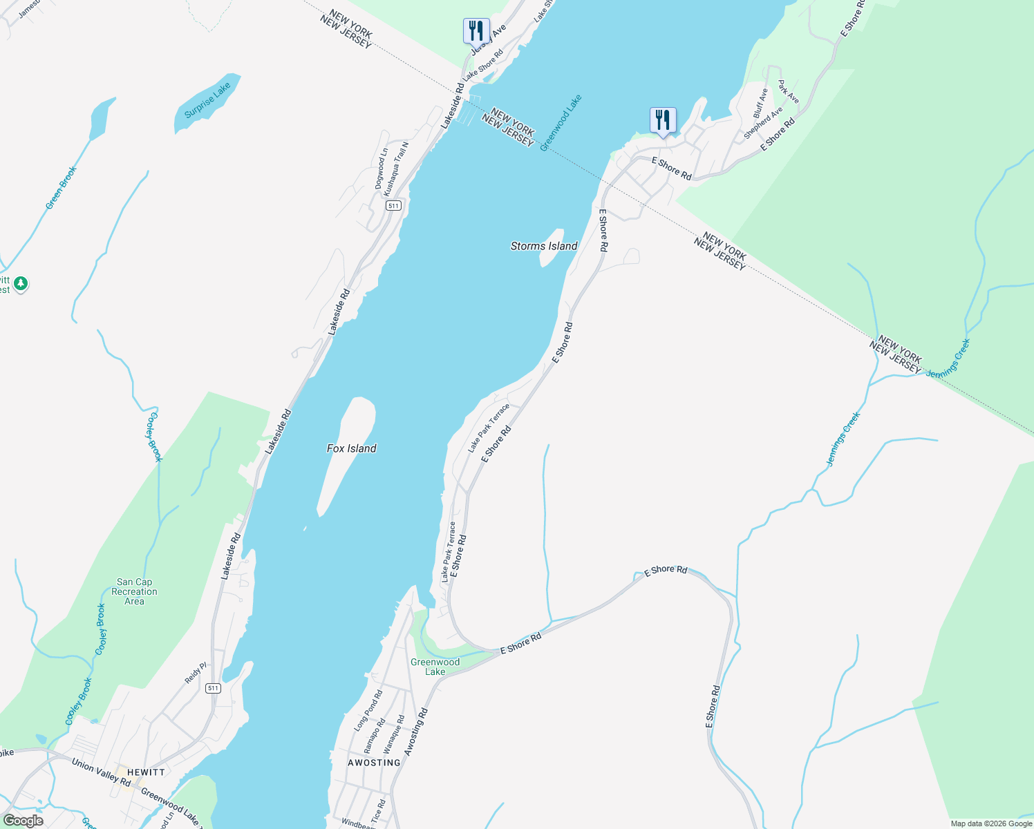 map of restaurants, bars, coffee shops, grocery stores, and more near 695 East Shore Road in West Milford