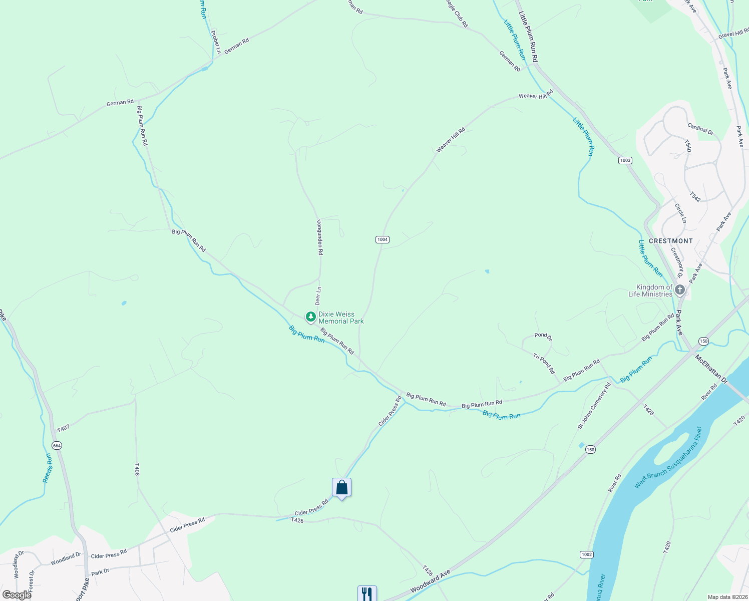 map of restaurants, bars, coffee shops, grocery stores, and more near 136 Weaver Hill Road in Lock Haven