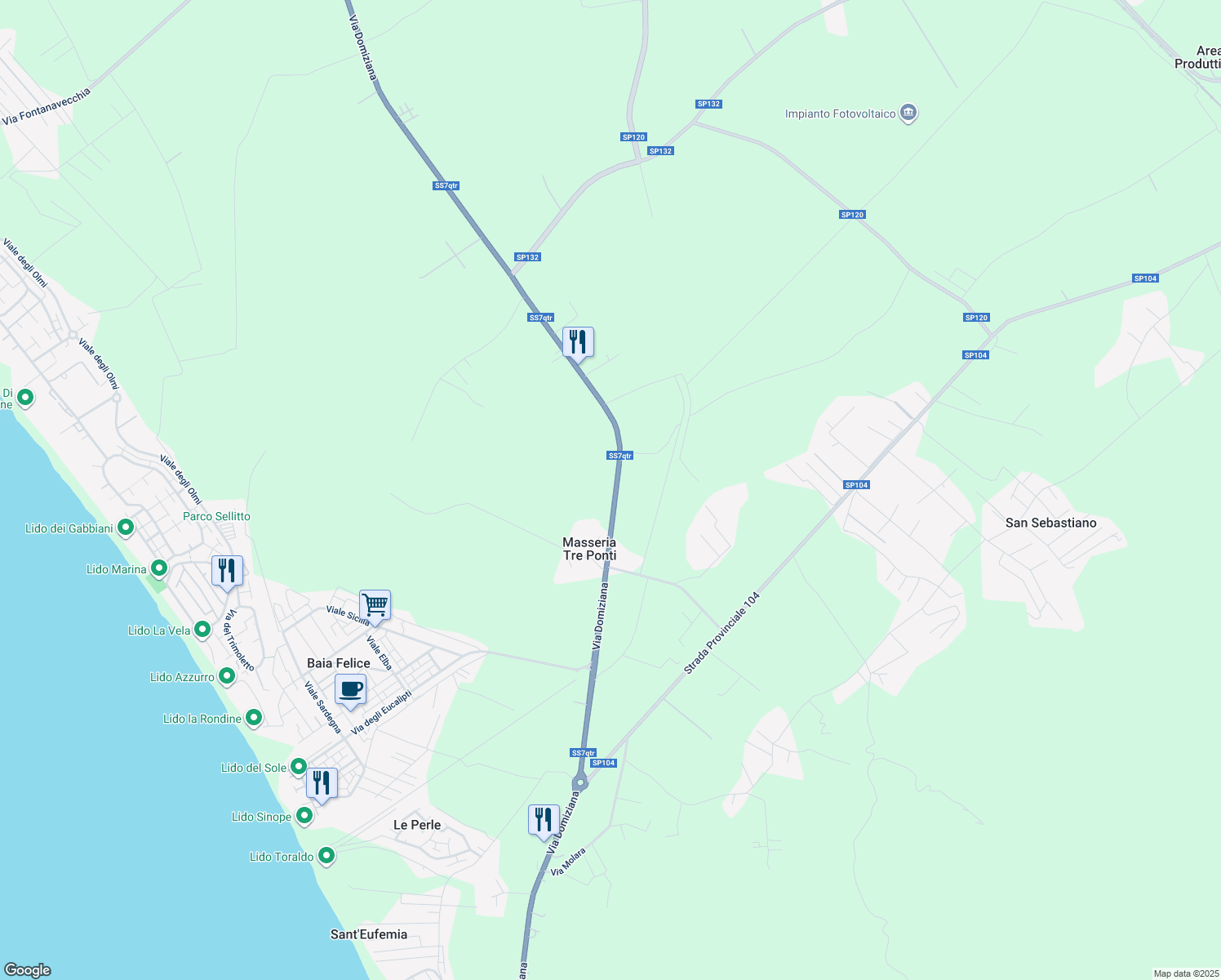 map of restaurants, bars, coffee shops, grocery stores, and more near 84 Via Domiziana in Provincia di Caserta