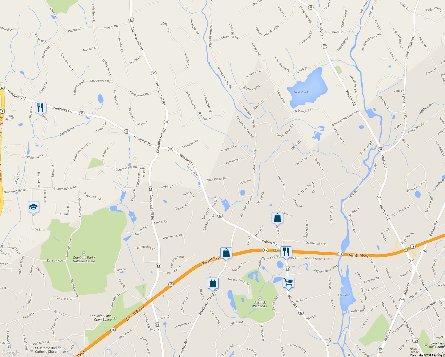 map of restaurants, bars, coffee shops, grocery stores, and more near 17 Poplar Plains Road in Westport