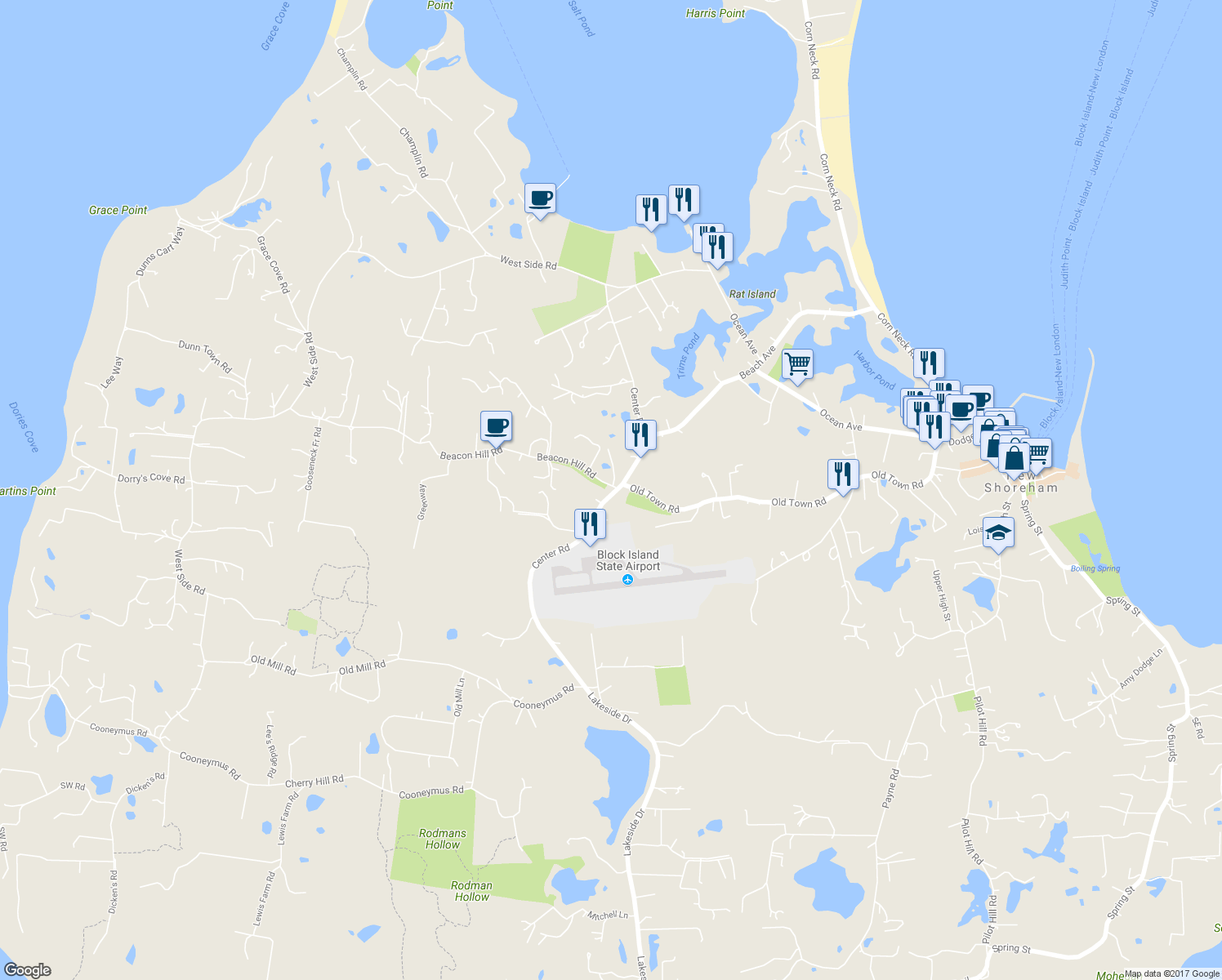 map of restaurants, bars, coffee shops, grocery stores, and more near 557 Center Road in New Shoreham