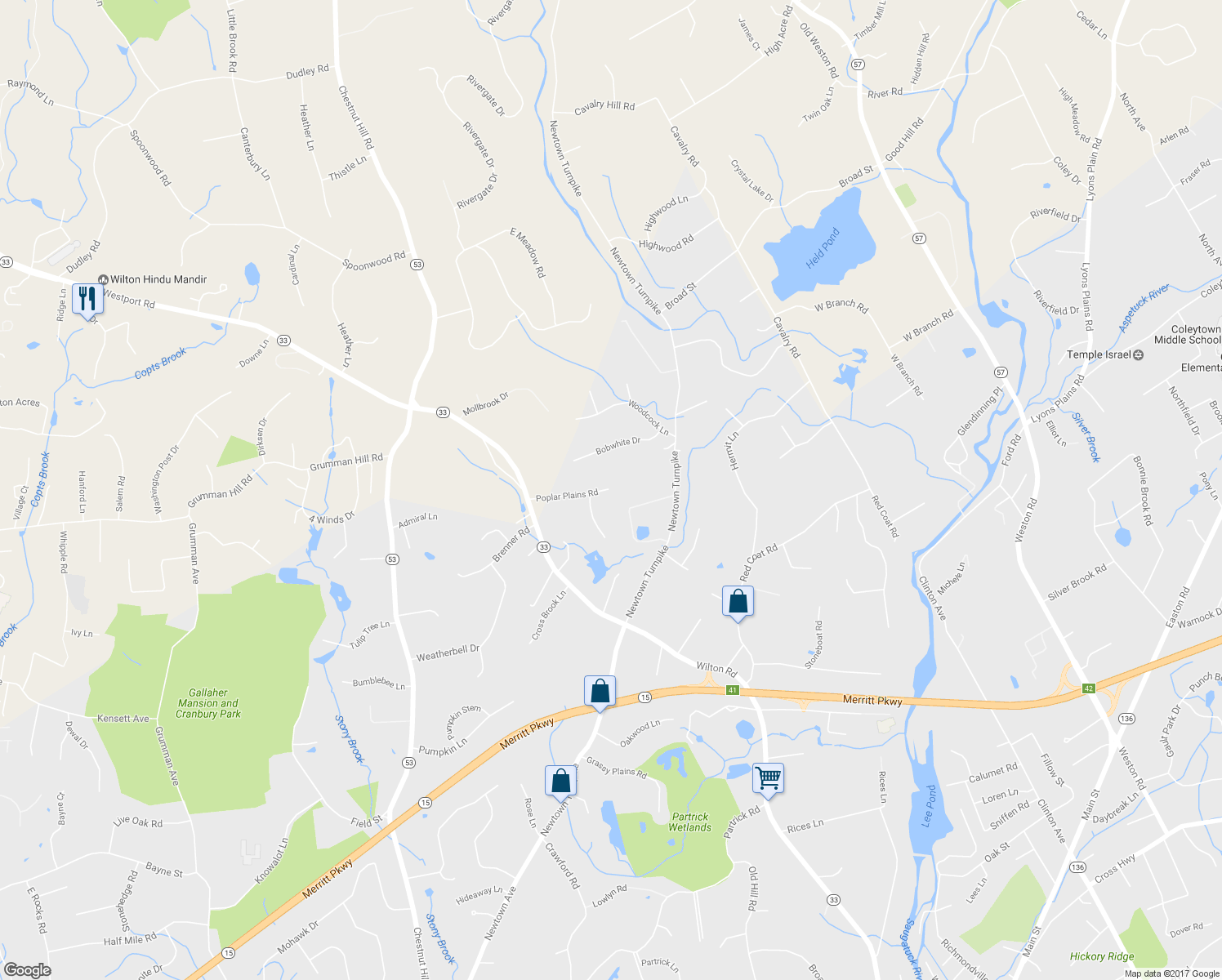map of restaurants, bars, coffee shops, grocery stores, and more near 25 Poplar Plains Road in Westport