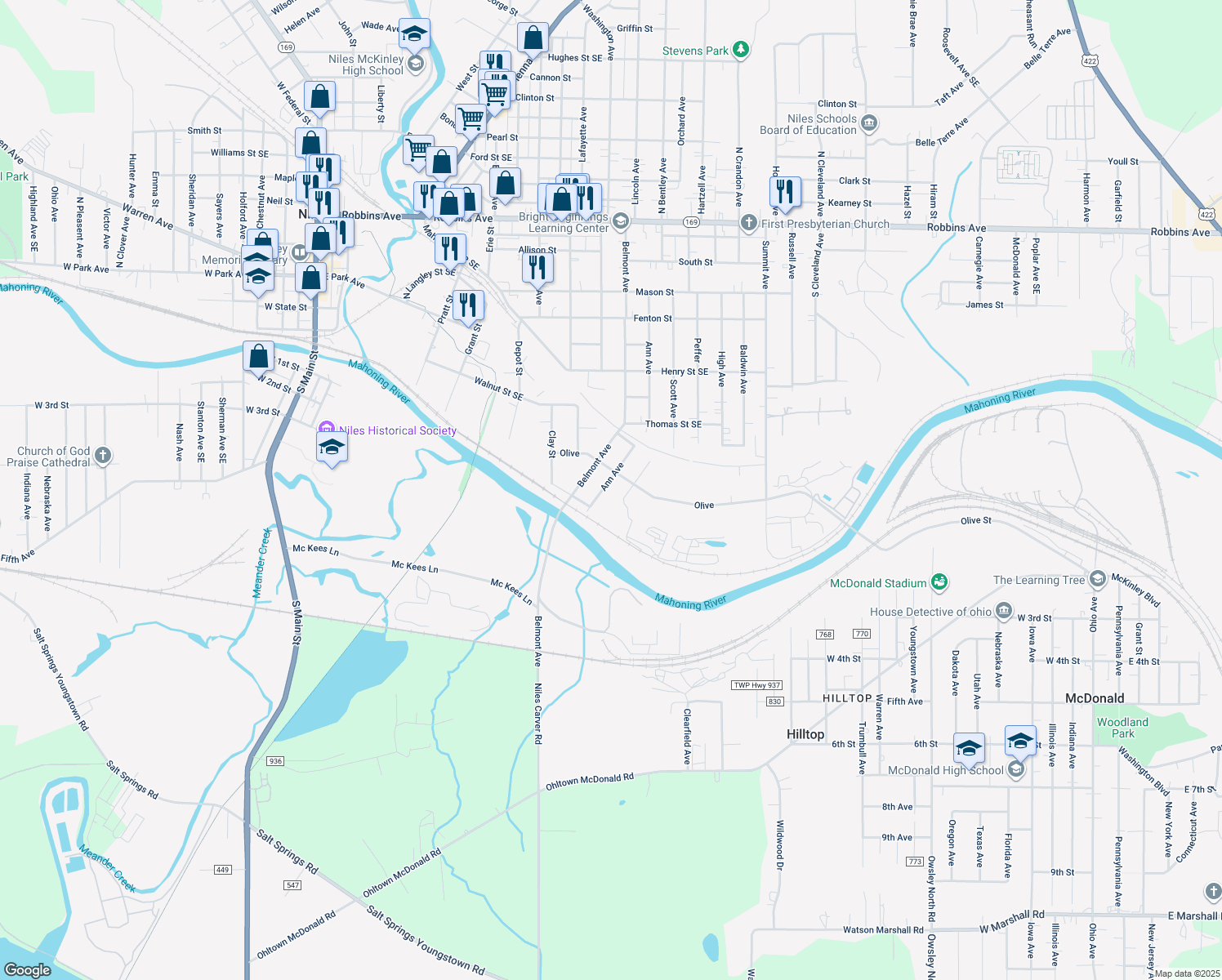 map of restaurants, bars, coffee shops, grocery stores, and more near 823 Ann Avenue in Niles