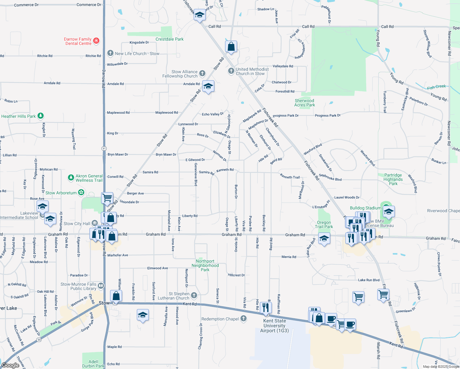 map of restaurants, bars, coffee shops, grocery stores, and more near 4113 Osage Street in Stow