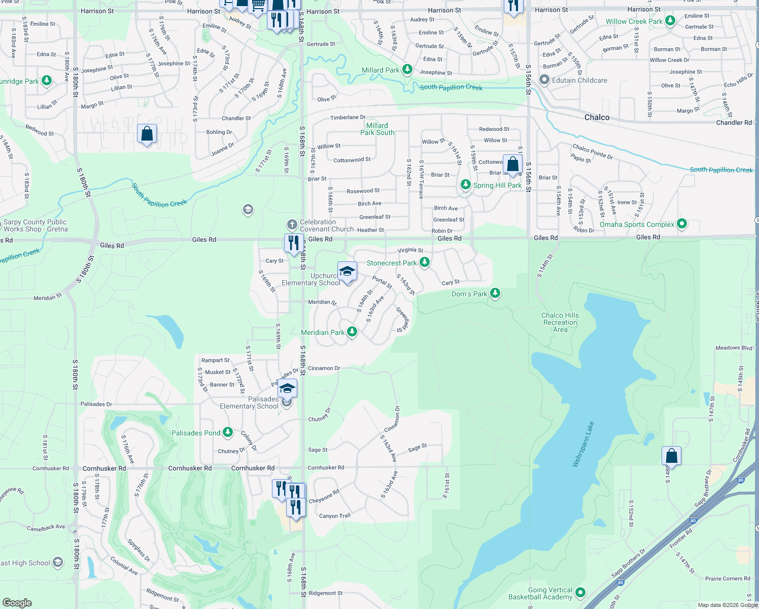 map of restaurants, bars, coffee shops, grocery stores, and more near 8629 South 163rd Avenue in Omaha