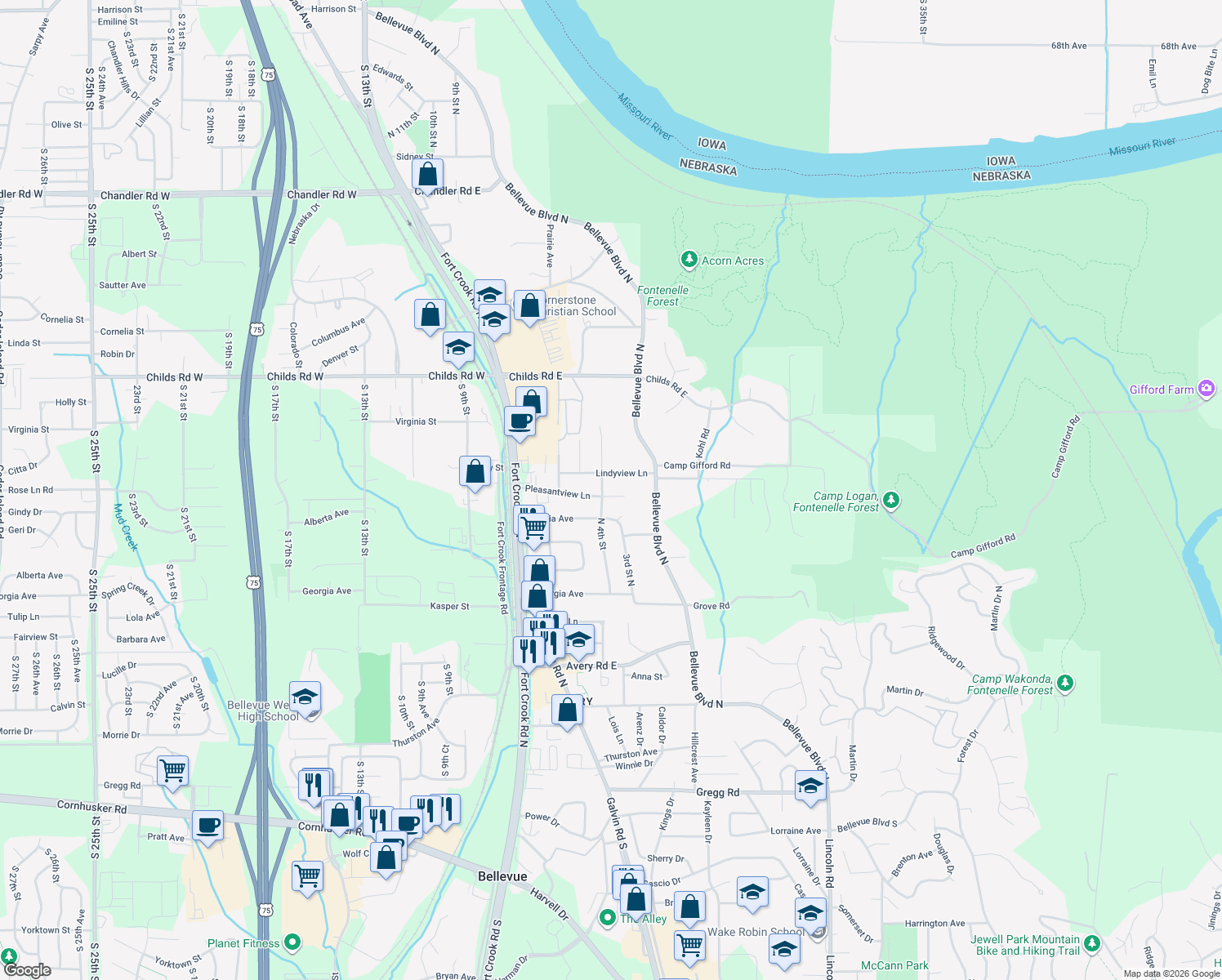 map of restaurants, bars, coffee shops, grocery stores, and more near 2002 Pleasantview Ln in Bellevue