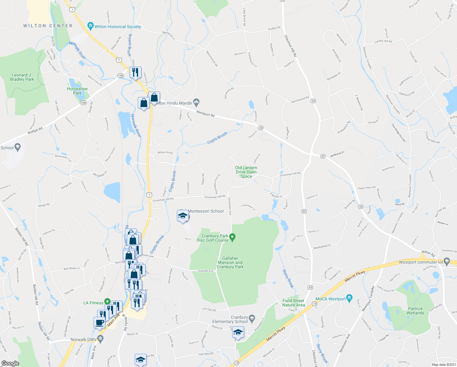 map of restaurants, bars, coffee shops, grocery stores, and more near 128 Grumman Hill Road in Wilton