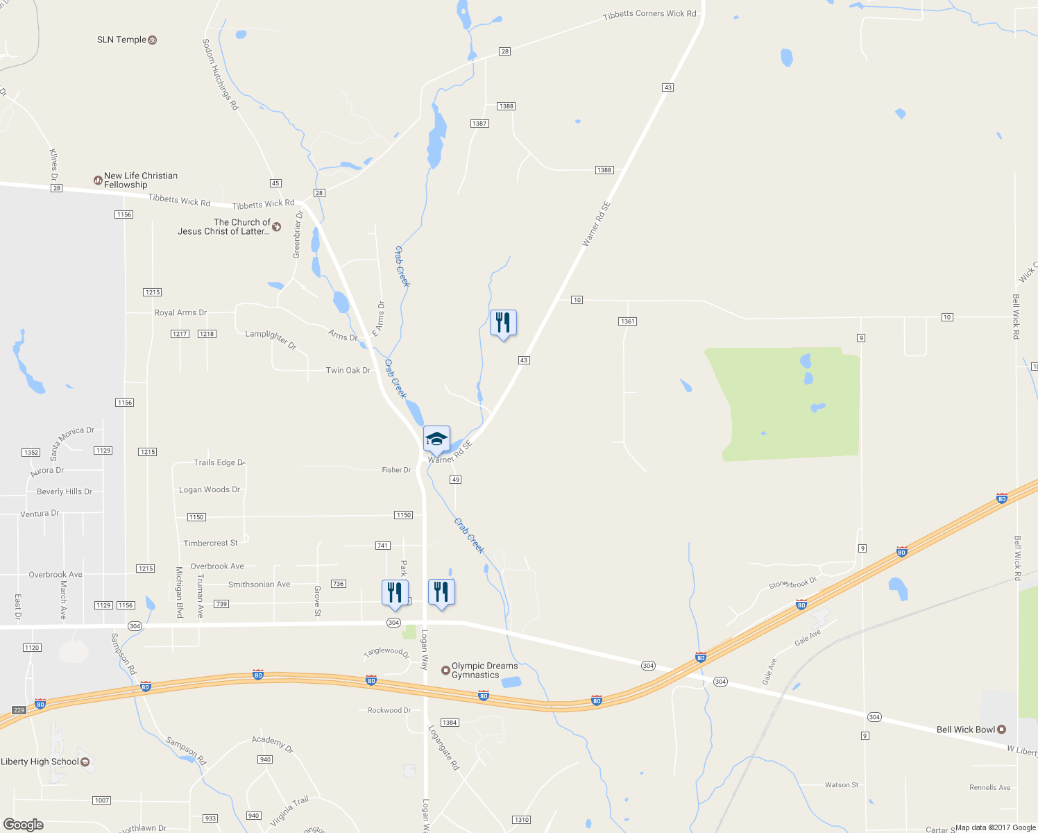 map of restaurants, bars, coffee shops, grocery stores, and more near 59 Warner Road Southeast in Hubbard