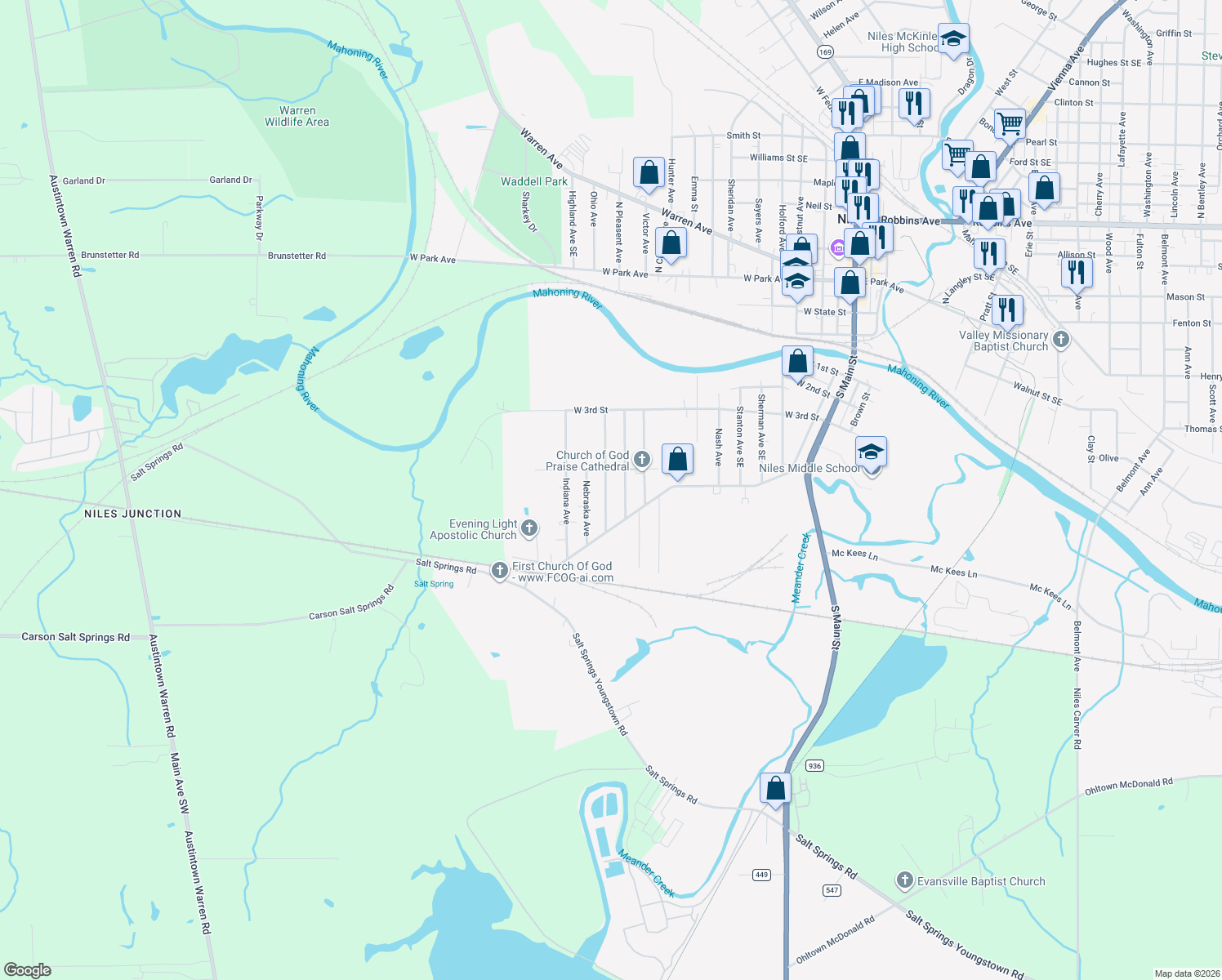 map of restaurants, bars, coffee shops, grocery stores, and more near 629 Wyoming Ave in Niles