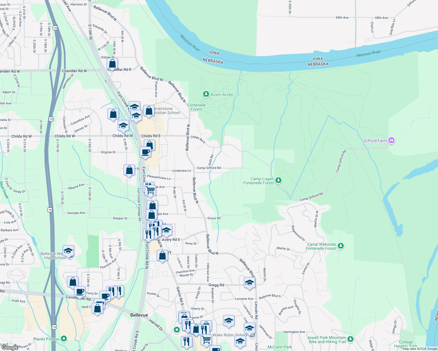 map of restaurants, bars, coffee shops, grocery stores, and more near 1603 Chaput Dr in Bellevue