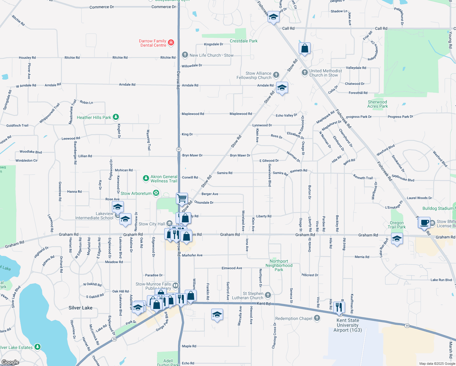 map of restaurants, bars, coffee shops, grocery stores, and more near 2083 Conwill Road in Stow