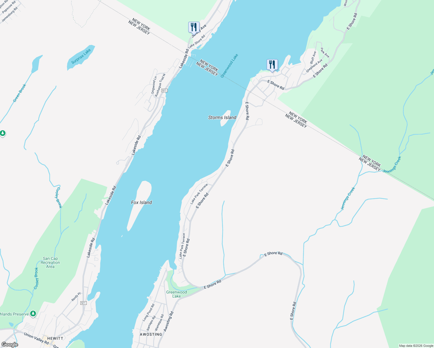 map of restaurants, bars, coffee shops, grocery stores, and more near 723 East Shore Road in West Milford