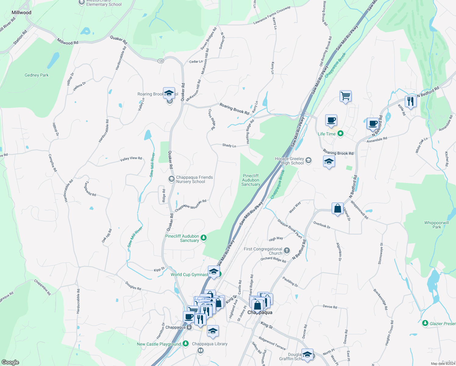 map of restaurants, bars, coffee shops, grocery stores, and more near 63 Mount Peak Road in Chappaqua