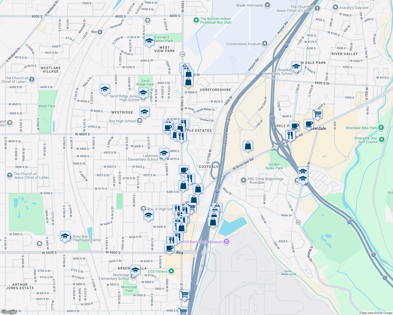 map of restaurants, bars, coffee shops, grocery stores, and more near 1818 W 5050 S in Roy