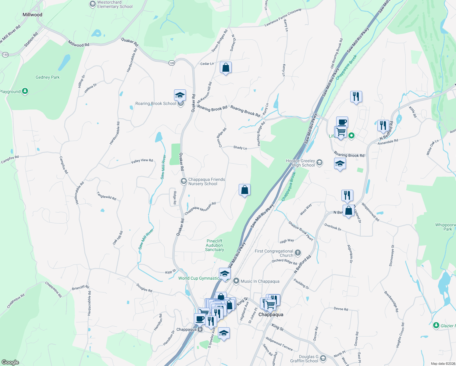 map of restaurants, bars, coffee shops, grocery stores, and more near 11 Morning View Court in Chappaqua