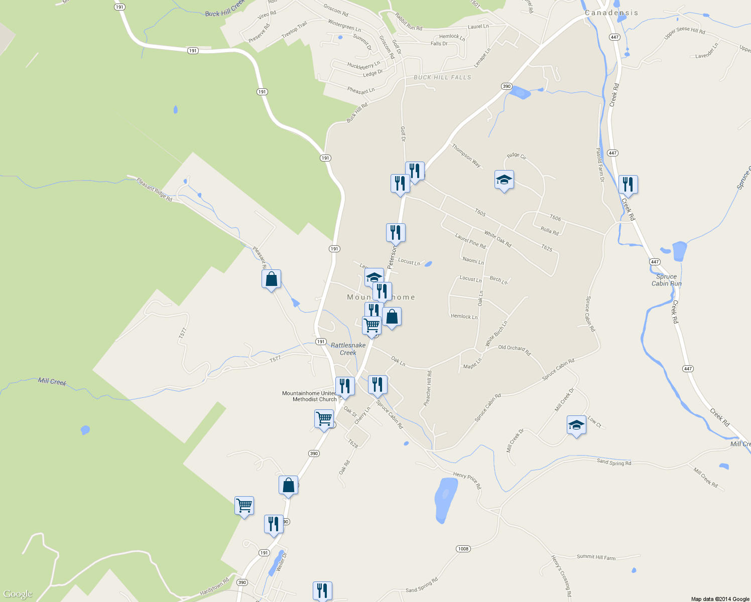 map of restaurants, bars, coffee shops, grocery stores, and more near Playhouse Ln in Mountainhome