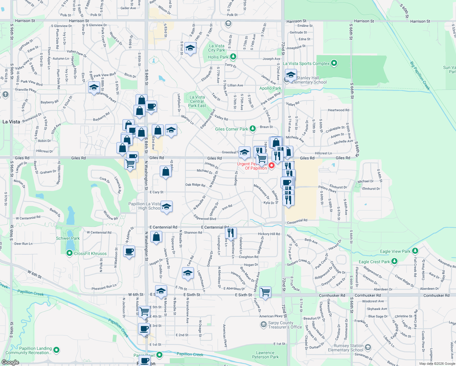 map of restaurants, bars, coffee shops, grocery stores, and more near 904 Elmhurst Drive in Papillion