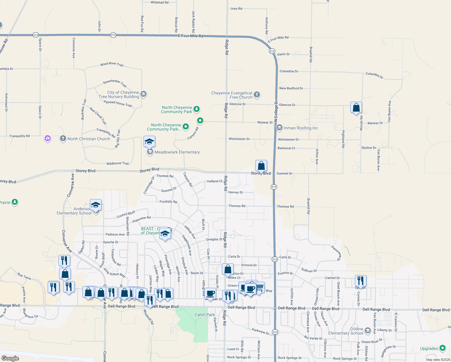 map of restaurants, bars, coffee shops, grocery stores, and more near 3399 Holland Ct in Cheyenne