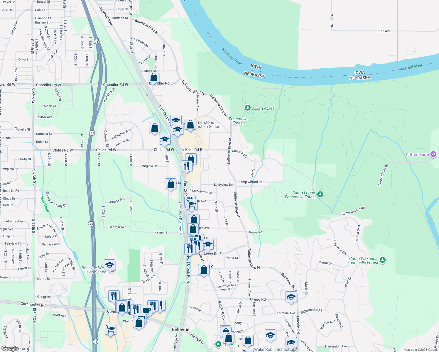 map of restaurants, bars, coffee shops, grocery stores, and more near 805 North 4th Street in Bellevue