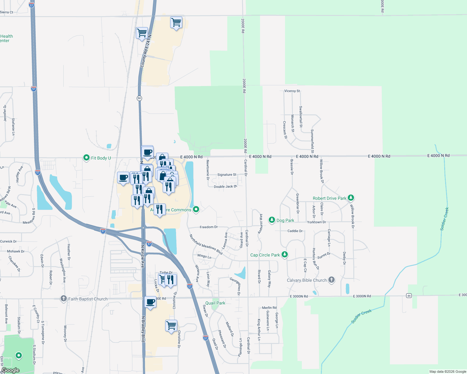 map of restaurants, bars, coffee shops, grocery stores, and more near 702-716 Double Jack Street in Bourbonnais