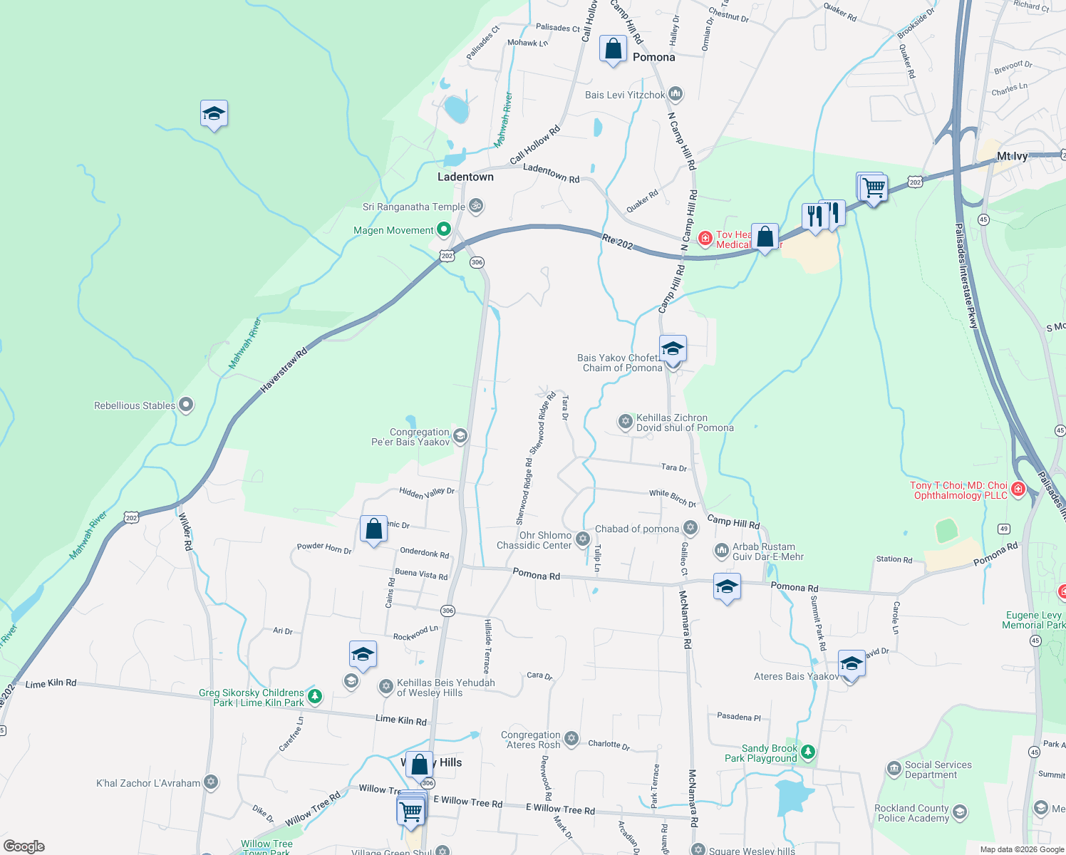 map of restaurants, bars, coffee shops, grocery stores, and more near 25 Sherwood Ridge Road in Pomona