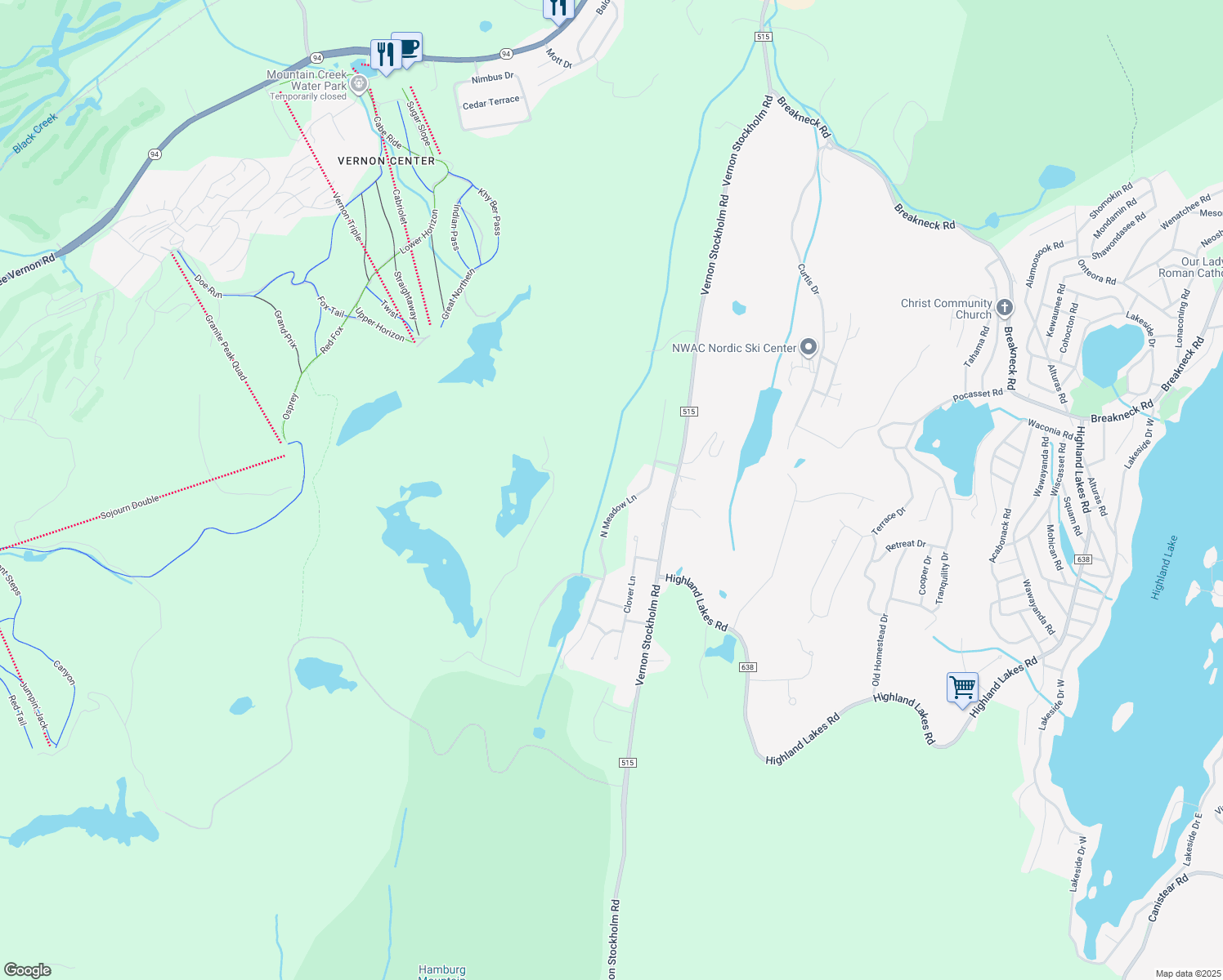 map of restaurants, bars, coffee shops, grocery stores, and more near 35 North Meadow Lane in Vernon Township