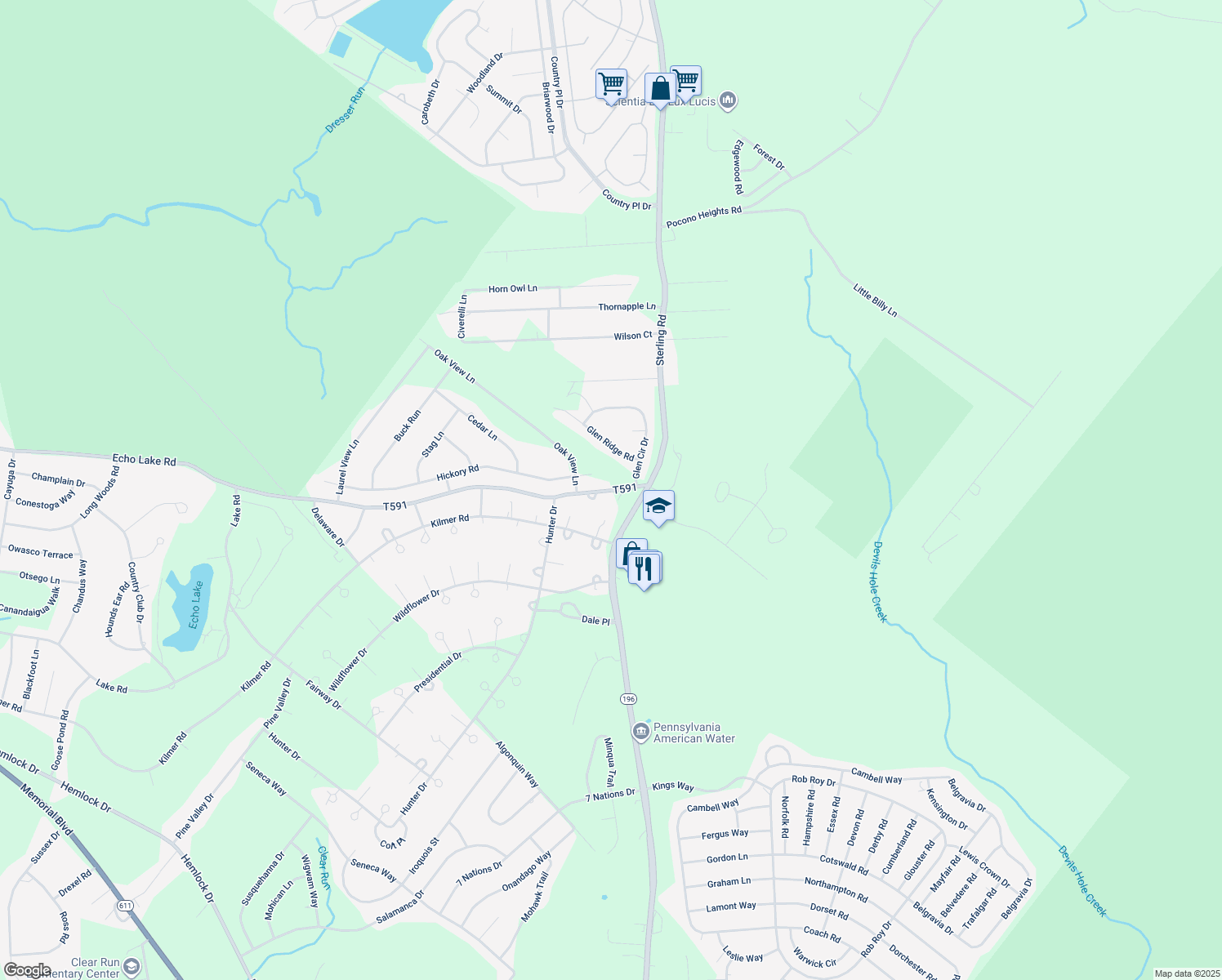 map of restaurants, bars, coffee shops, grocery stores, and more near 307 Echo Lake Road in Tobyhanna