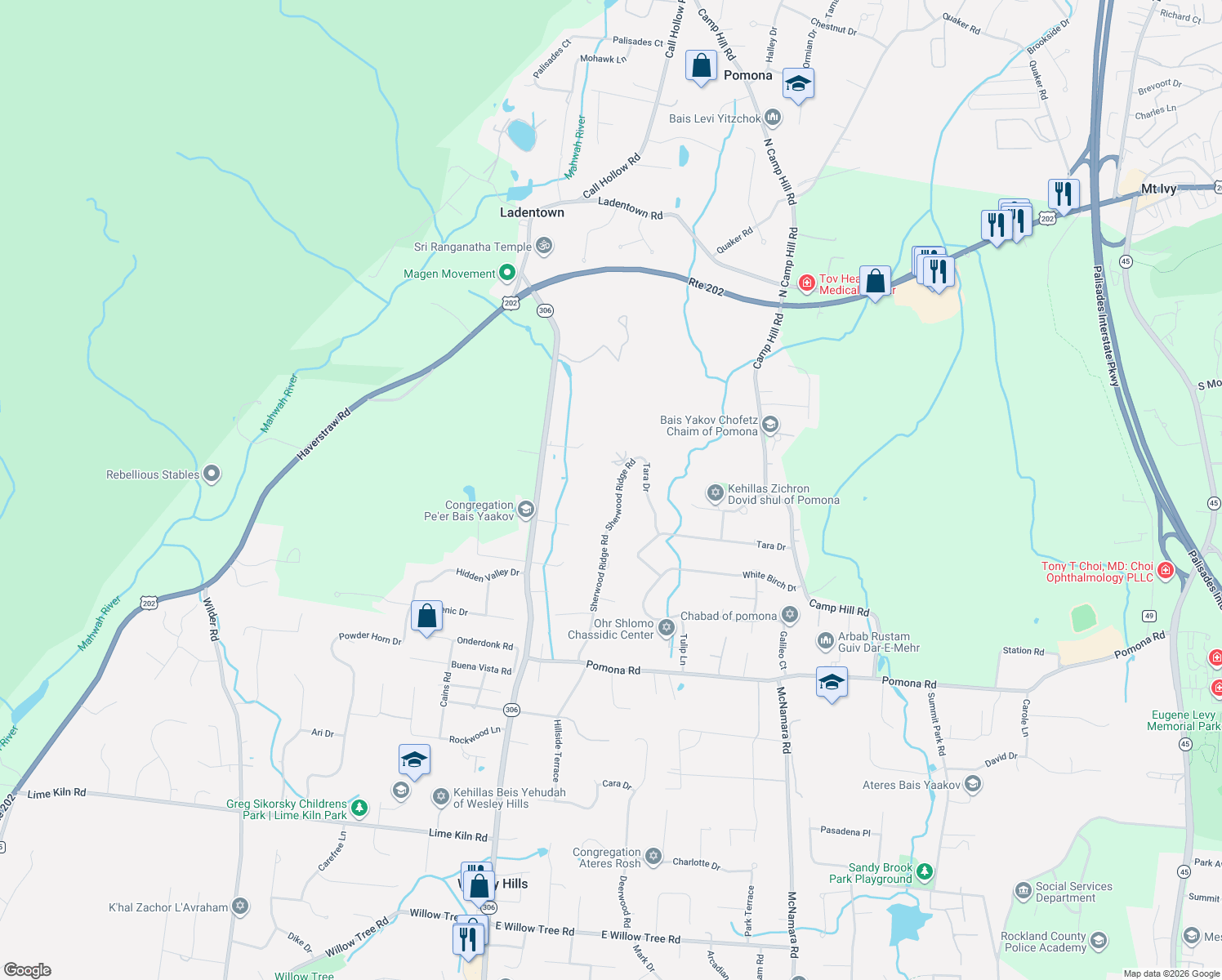 map of restaurants, bars, coffee shops, grocery stores, and more near 25 Sherwood Ridge Road in Pomona