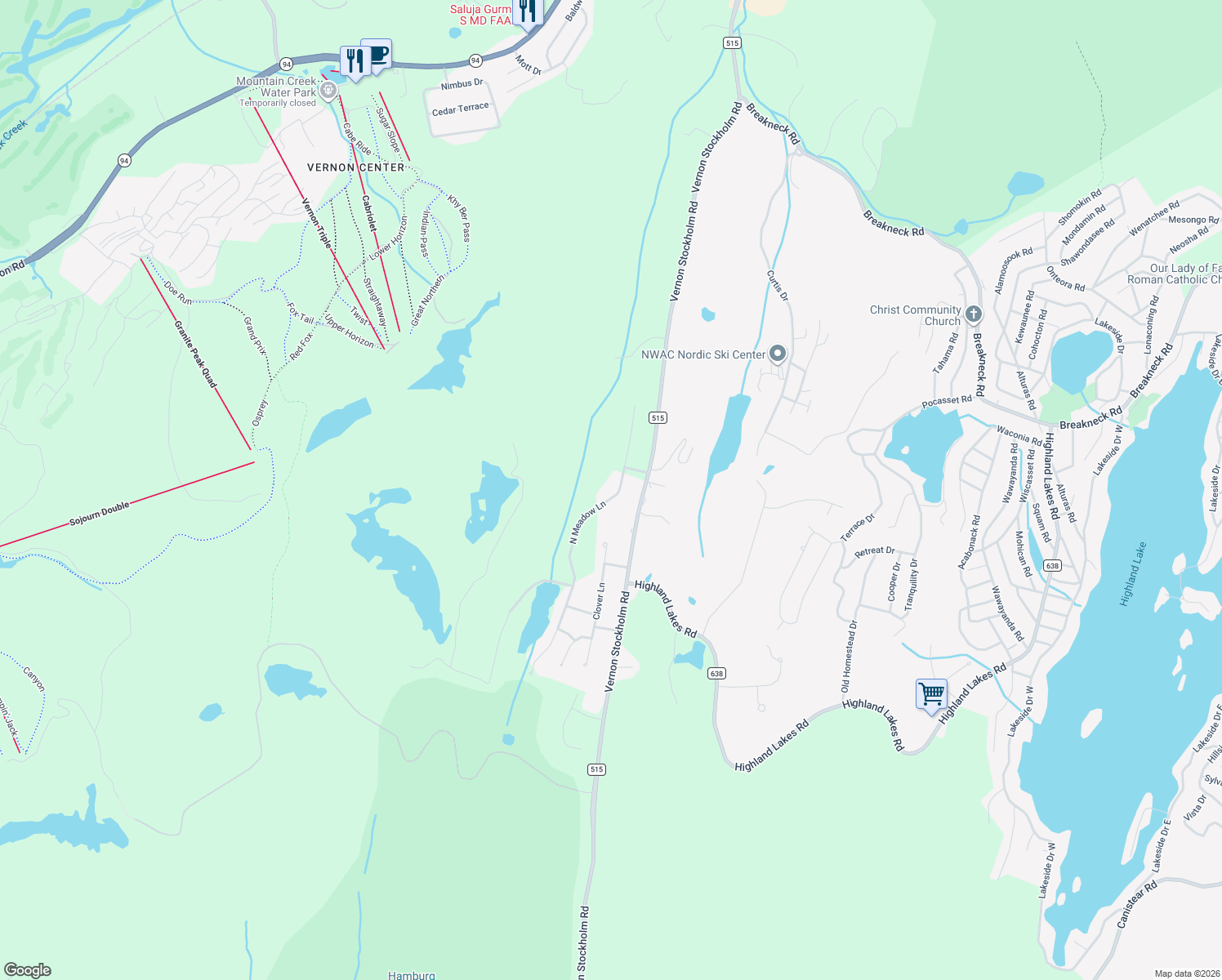map of restaurants, bars, coffee shops, grocery stores, and more near 39 North Meadow Lane in Vernon Township