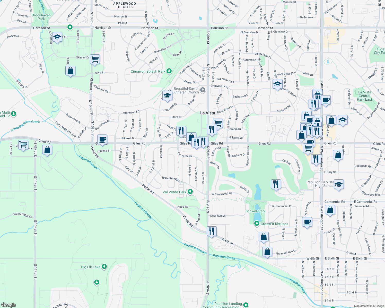 map of restaurants, bars, coffee shops, grocery stores, and more near 9734 Val Verde Dr in La Vista