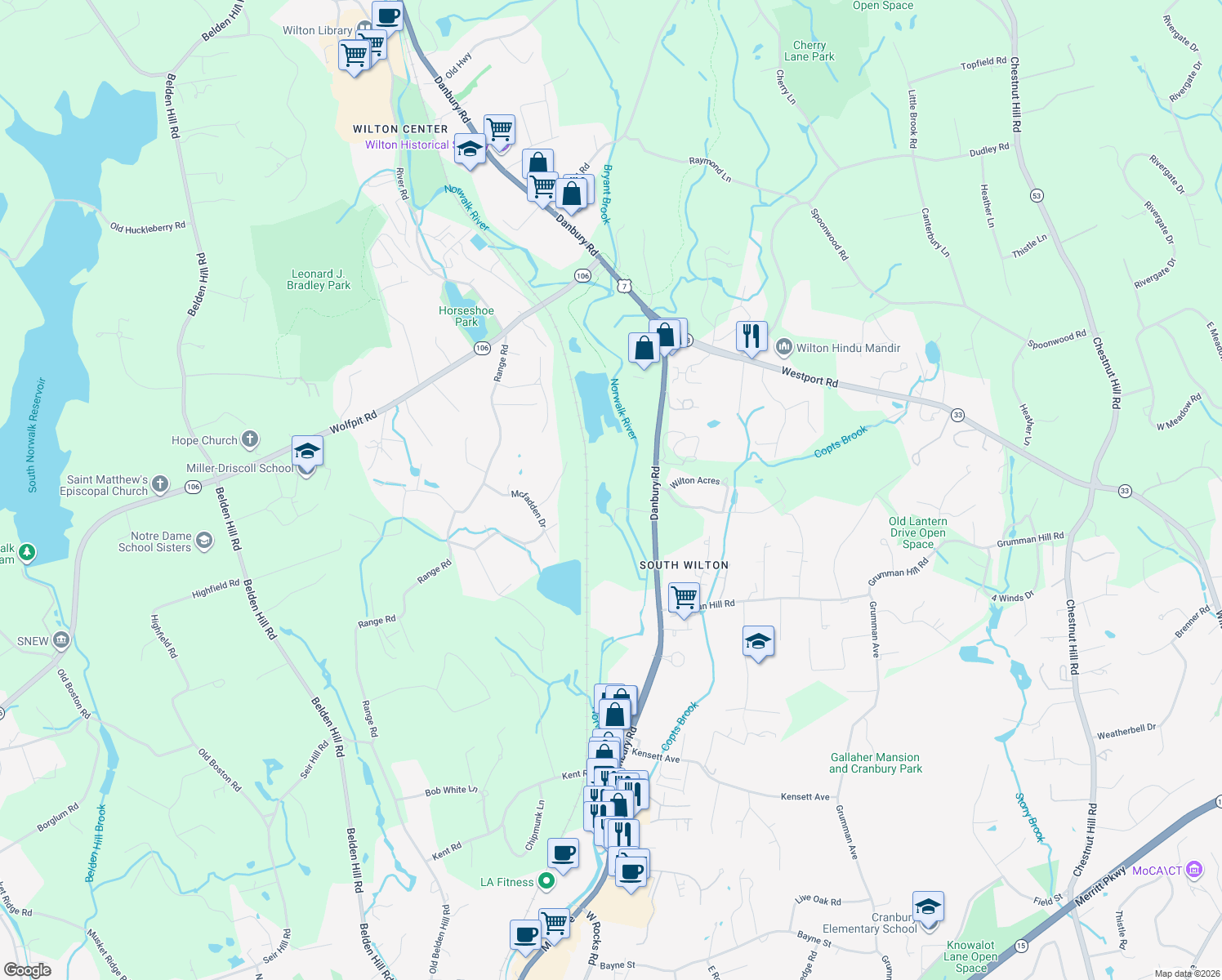 map of restaurants, bars, coffee shops, grocery stores, and more near 20 Arrowhead Road in Wilton