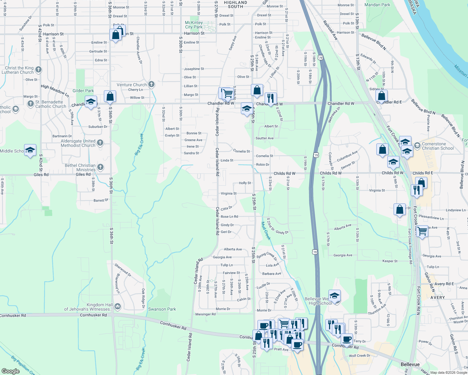 map of restaurants, bars, coffee shops, grocery stores, and more near 8405 South 26th Street in Bellevue