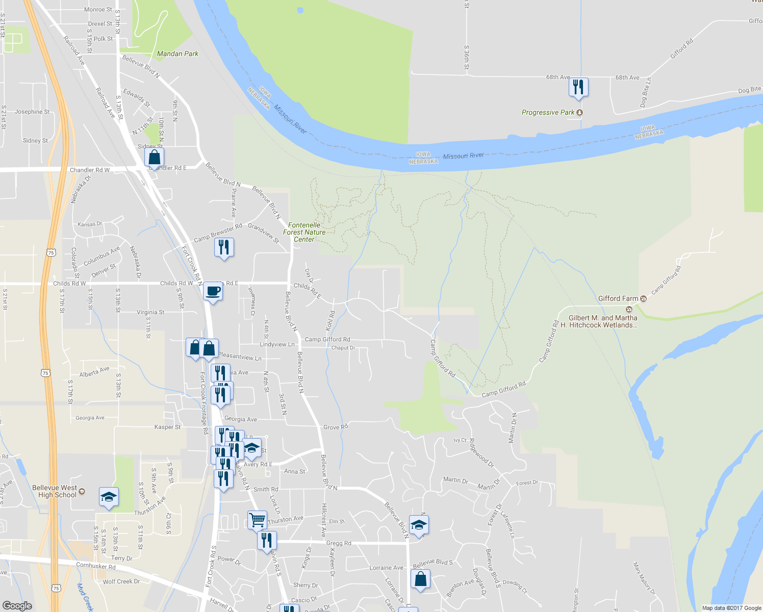 map of restaurants, bars, coffee shops, grocery stores, and more near 900 Camp Gifford Road in Bellevue