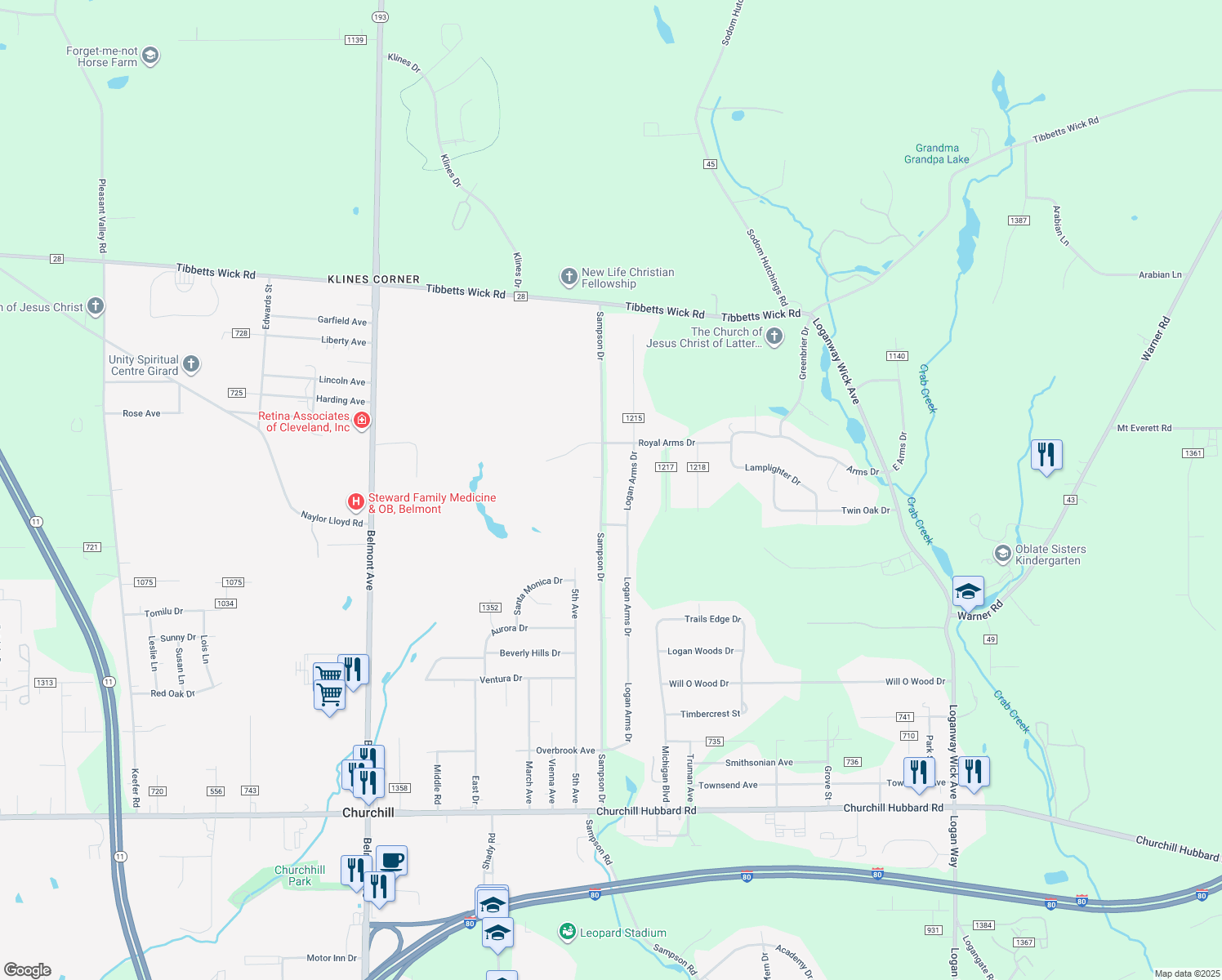 map of restaurants, bars, coffee shops, grocery stores, and more near 5493 Sampson Drive in Girard