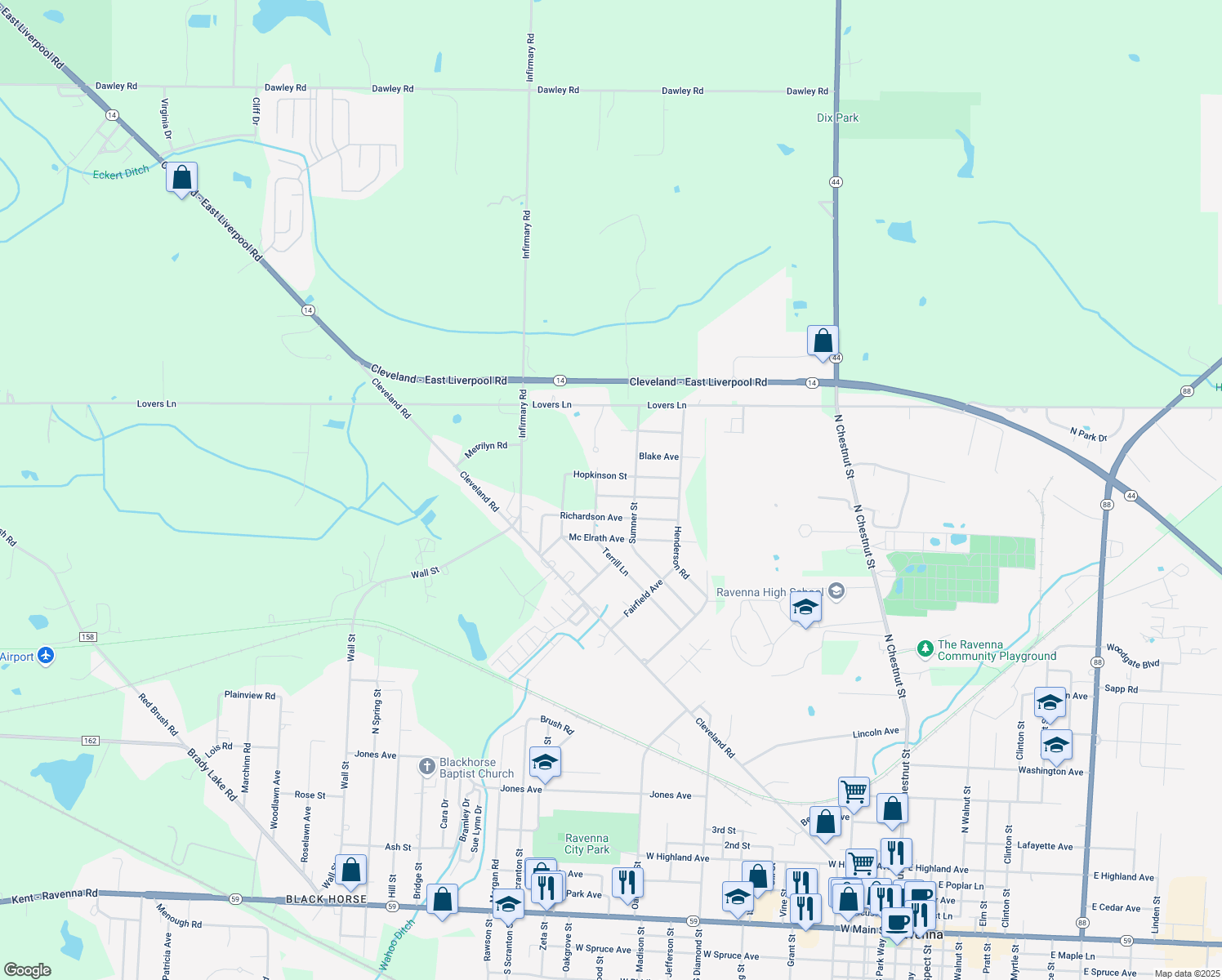 map of restaurants, bars, coffee shops, grocery stores, and more near 3781 Payne Avenue in Ravenna