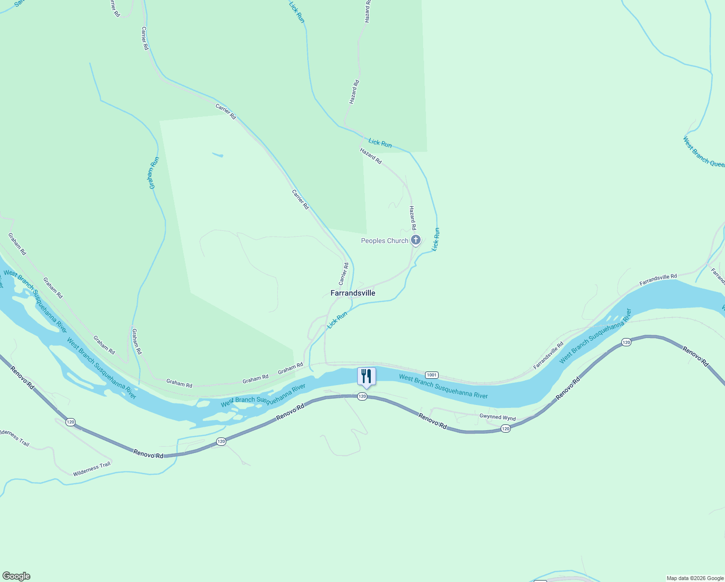 map of restaurants, bars, coffee shops, grocery stores, and more near 2872 Farrandsville Road in Farrandsville