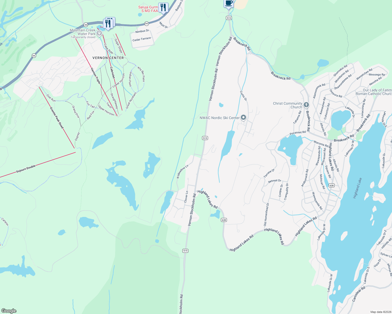 map of restaurants, bars, coffee shops, grocery stores, and more near 39 North Meadow Lane in Vernon Township