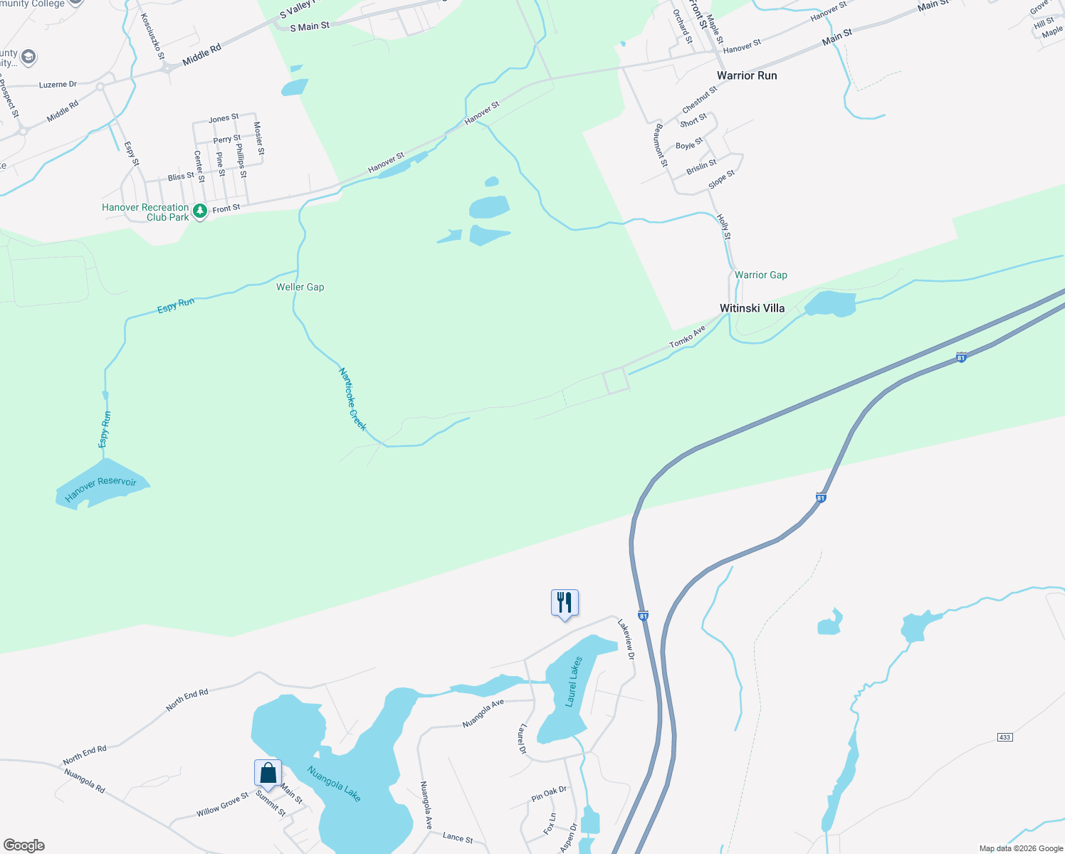 map of restaurants, bars, coffee shops, grocery stores, and more near 68 Pearson Street in Luzerne
