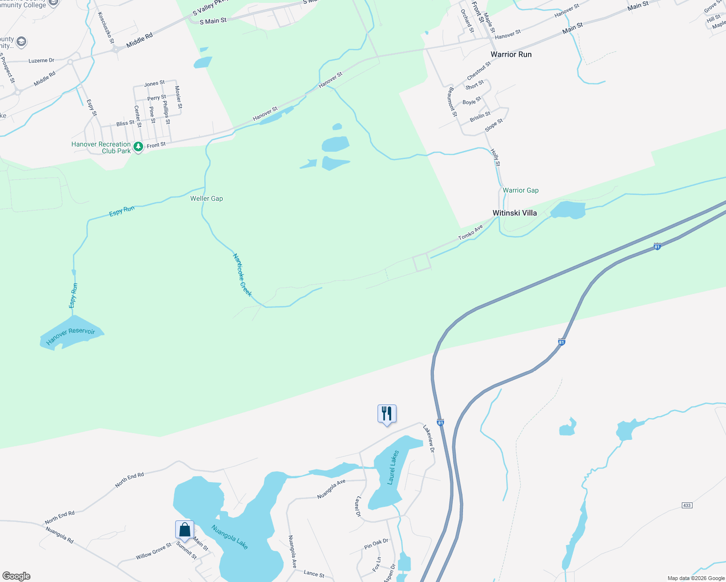 map of restaurants, bars, coffee shops, grocery stores, and more near 68 Pearson Street in Wilkes-Barre