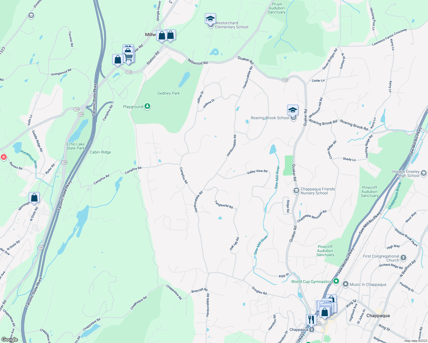 map of restaurants, bars, coffee shops, grocery stores, and more near 1112 Hardscrabble Road in Chappaqua