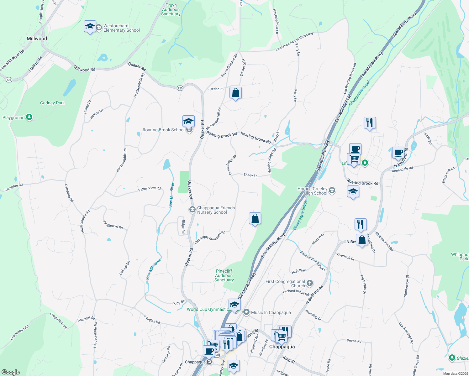 map of restaurants, bars, coffee shops, grocery stores, and more near 50 Cross Ridge Road in Chappaqua
